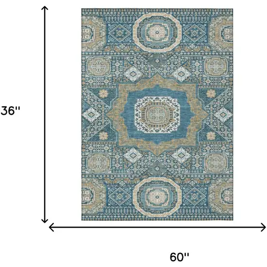 Teal Blue And Ivory Oriental Washable Indoor Outdoor Area Rug Photo 7