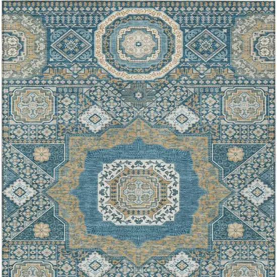 Teal Blue And Ivory Oriental Washable Indoor Outdoor Area Rug Photo 4