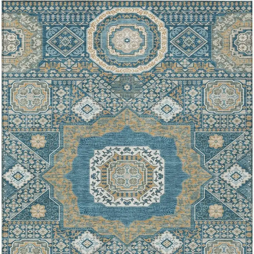 Teal Blue And Ivory Oriental Washable Indoor Outdoor Area Rug Photo 4