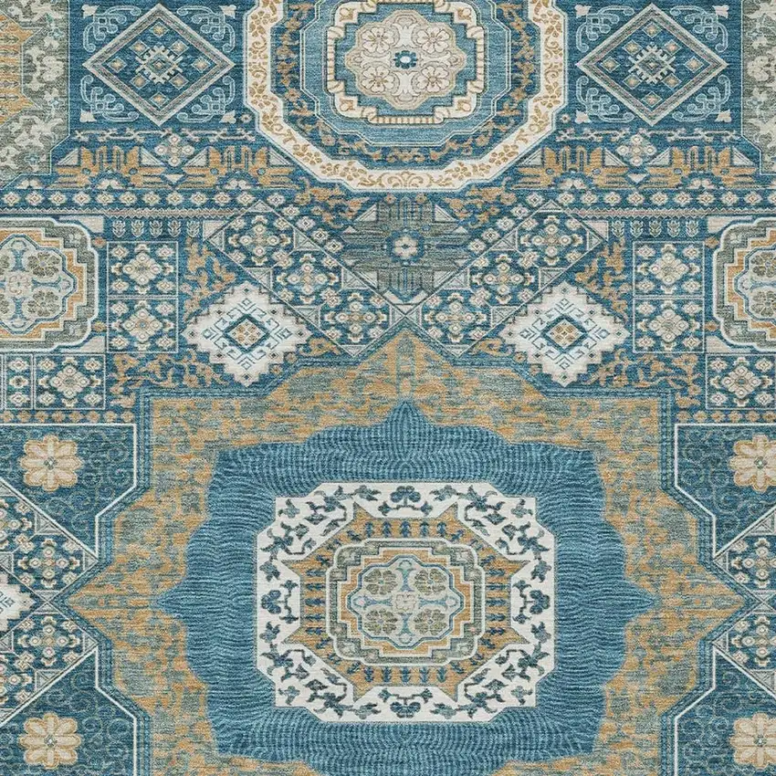 Teal Blue And Ivory Oriental Washable Indoor Outdoor Area Rug Photo 3