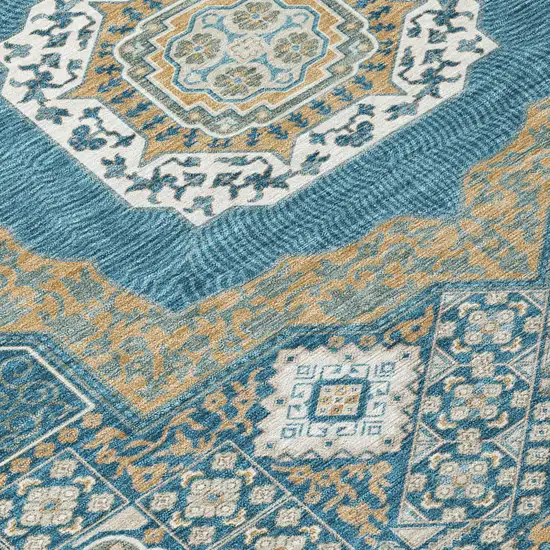 Teal Blue And Ivory Oriental Washable Indoor Outdoor Area Rug Photo 6