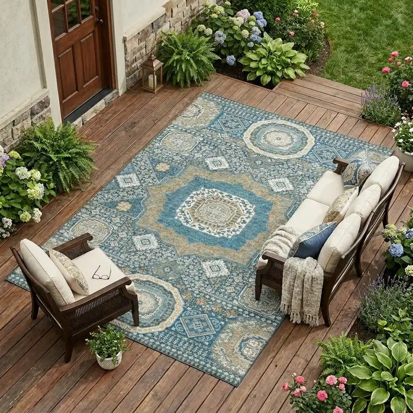 Teal Blue And Ivory Oriental Washable Indoor Outdoor Area Rug Photo 1