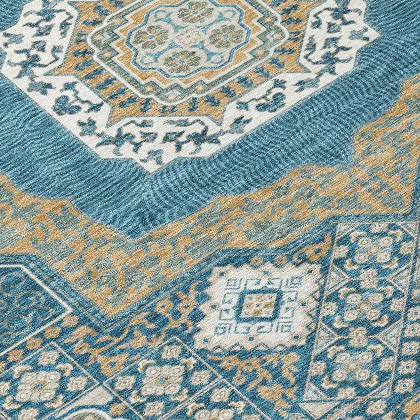 Teal Blue And Ivory Oriental Washable Indoor Outdoor Area Rug Photo 6