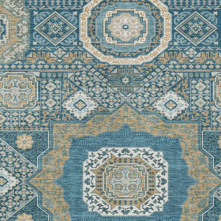Teal Blue And Ivory Oriental Washable Indoor Outdoor Area Rug Photo 3