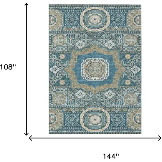 Teal Blue And Ivory Oriental Washable Indoor Outdoor Area Rug Photo 7