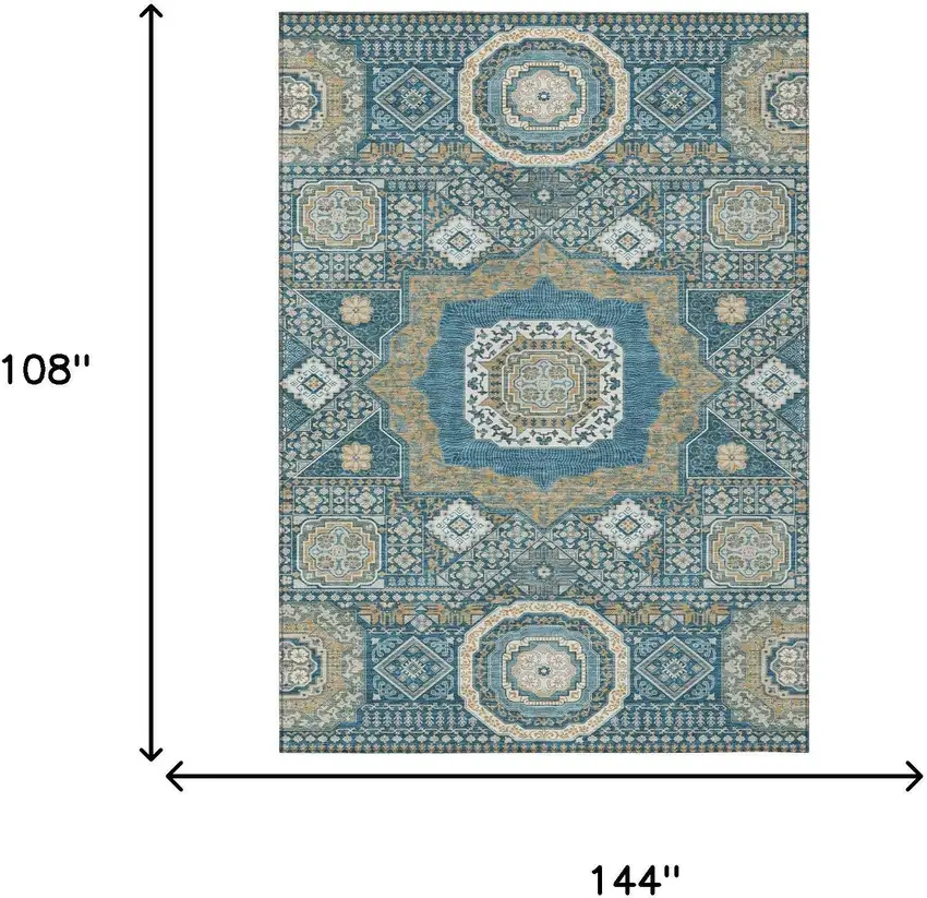 Teal Blue And Ivory Oriental Washable Indoor Outdoor Area Rug Photo 7