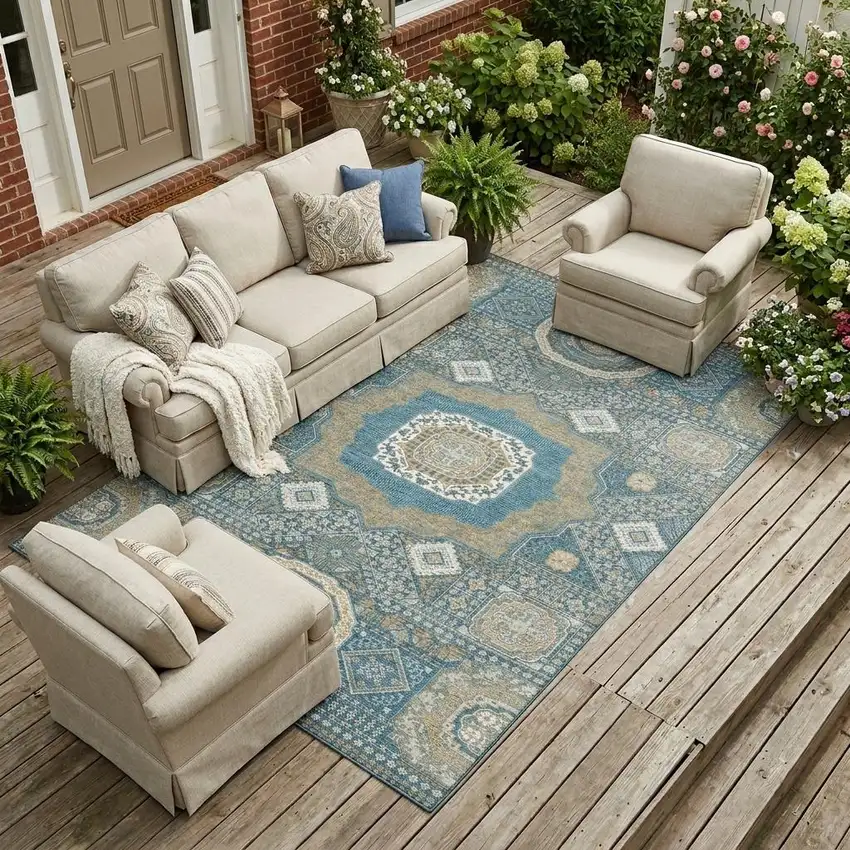 Teal Blue And Ivory Oriental Washable Indoor Outdoor Area Rug Photo 1