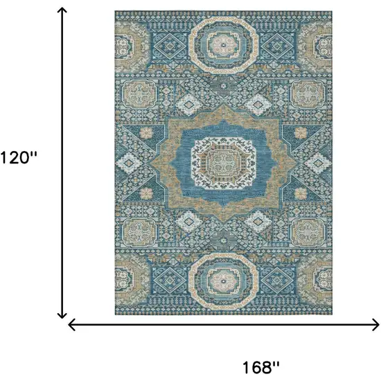 Teal Blue And Ivory Oriental Washable Indoor Outdoor Area Rug Photo 7
