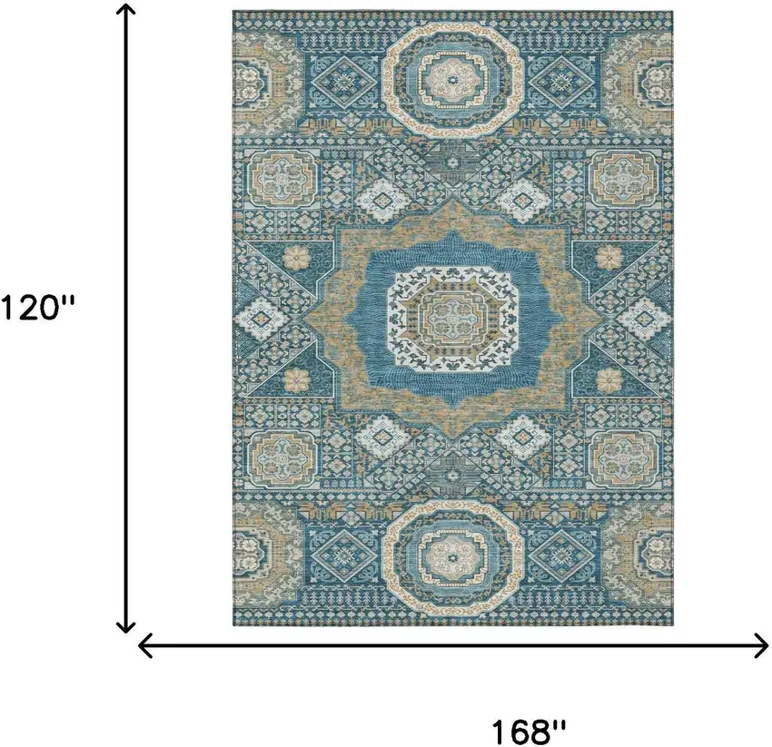 Teal Blue And Ivory Oriental Washable Indoor Outdoor Area Rug Photo 7