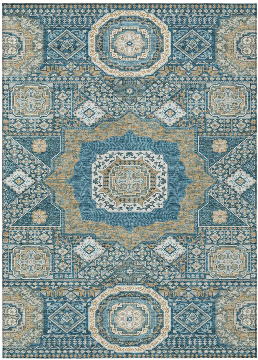 Teal Blue And Ivory Oriental Washable Indoor Outdoor Area Rug Photo 2