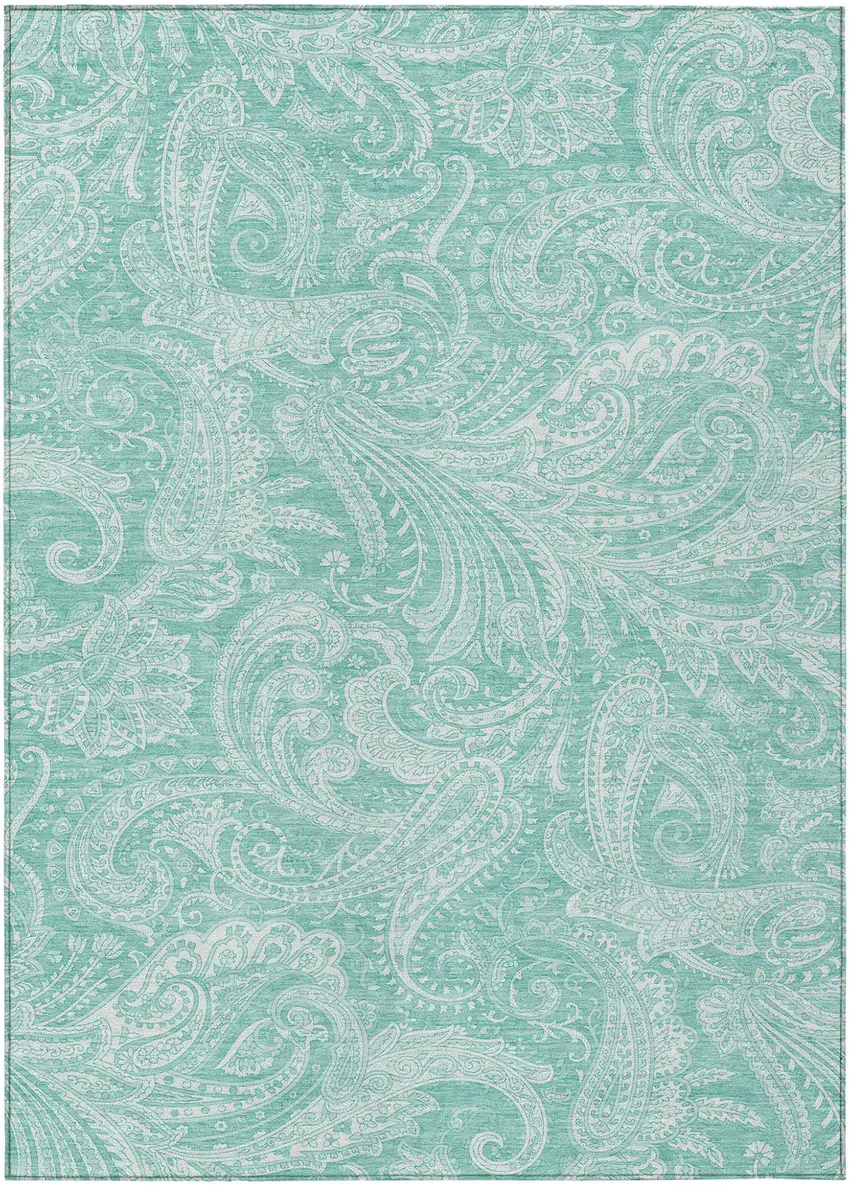 Teal Blue And Ivory Paisley Washable Indoor Outdoor Area Rug Photo 2