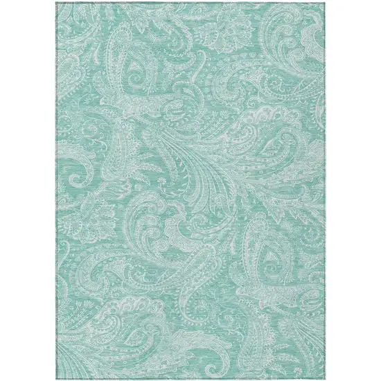 Teal Blue And Ivory Paisley Washable Indoor Outdoor Area Rug Photo 2