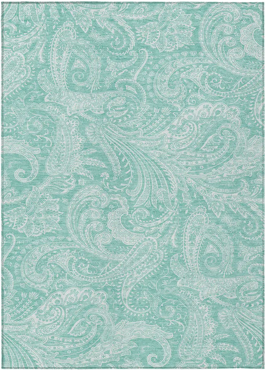 Teal Blue And Ivory Paisley Washable Indoor Outdoor Area Rug Photo 2