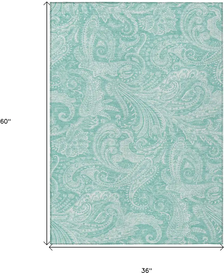 Teal Blue And Ivory Paisley Washable Indoor Outdoor Area Rug Photo 3