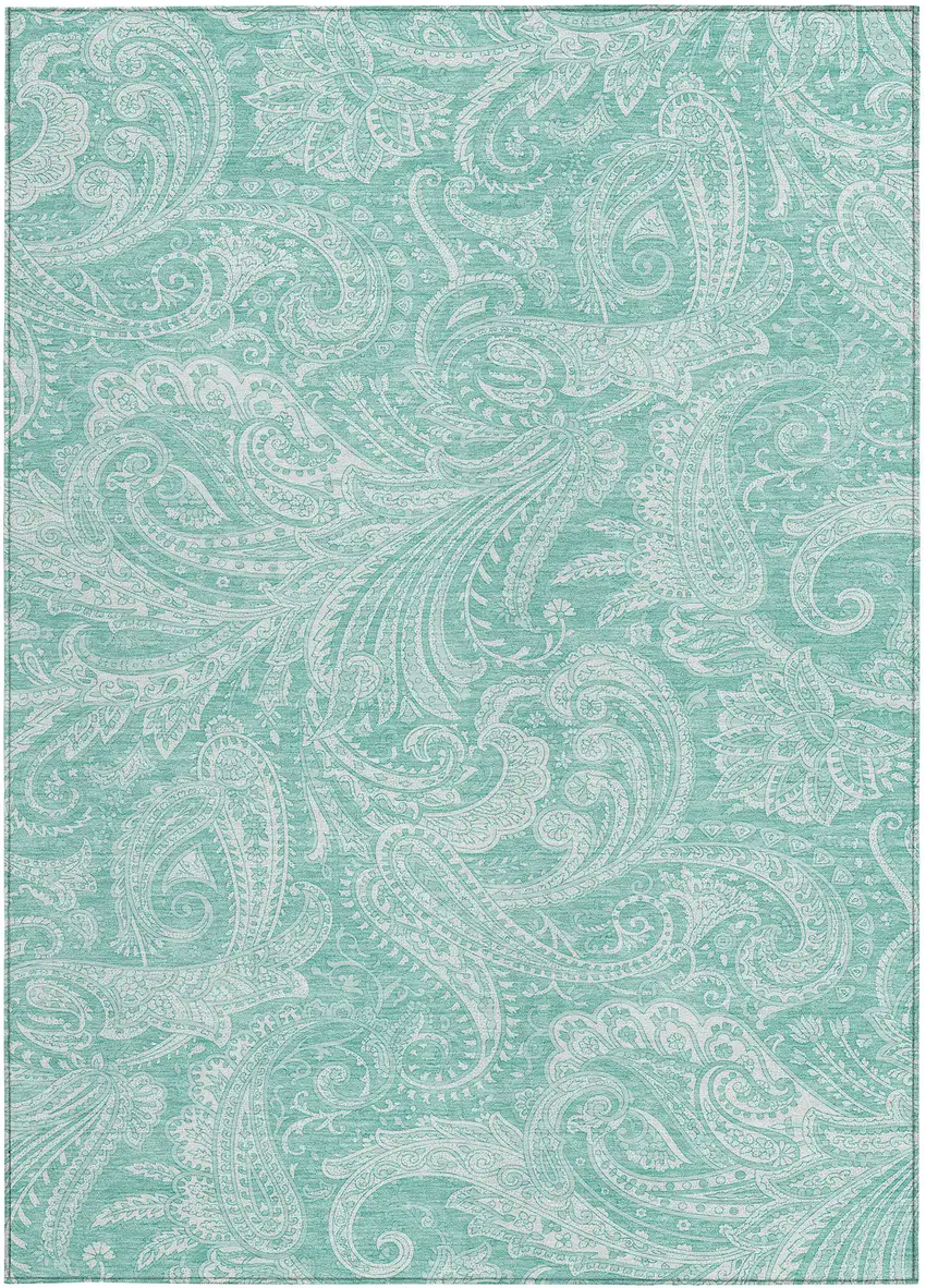 Teal Blue And Ivory Paisley Washable Indoor Outdoor Area Rug Photo 6