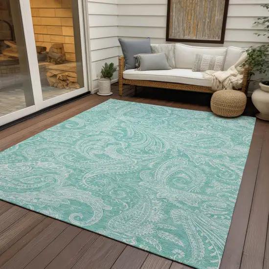 Teal Blue And Ivory Paisley Washable Indoor Outdoor Area Rug Photo 9