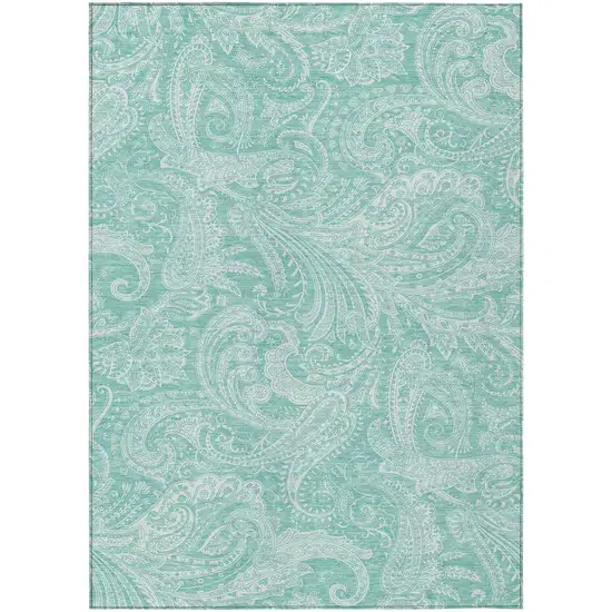 Teal Blue And Ivory Paisley Washable Indoor Outdoor Area Rug Photo 2