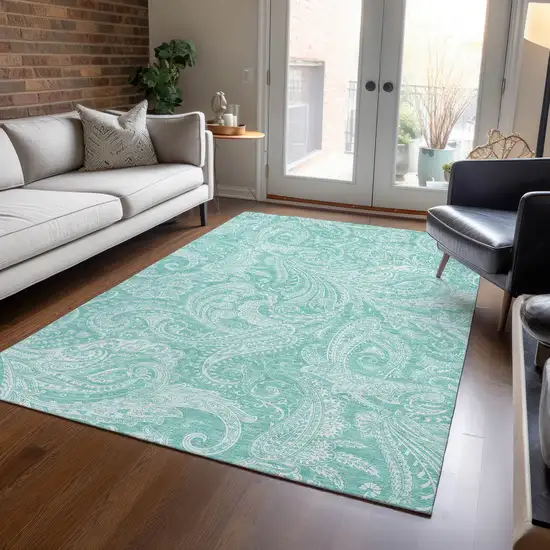 Teal Blue And Ivory Paisley Washable Indoor Outdoor Area Rug Photo 7