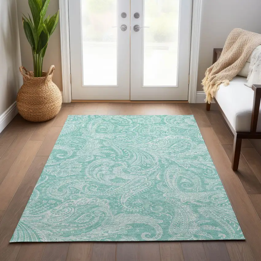 Teal Blue And Ivory Paisley Washable Indoor Outdoor Area Rug Photo 8