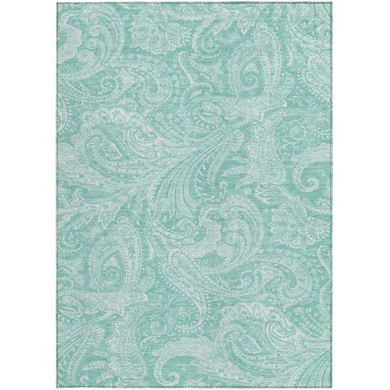 Teal Blue And Ivory Paisley Washable Indoor Outdoor Area Rug Photo 5