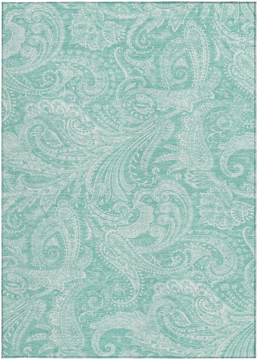 Teal Blue And Ivory Paisley Washable Indoor Outdoor Area Rug Photo 5