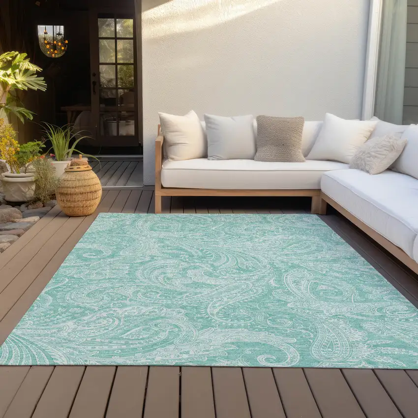 Teal Blue And Ivory Paisley Washable Indoor Outdoor Area Rug Photo 7