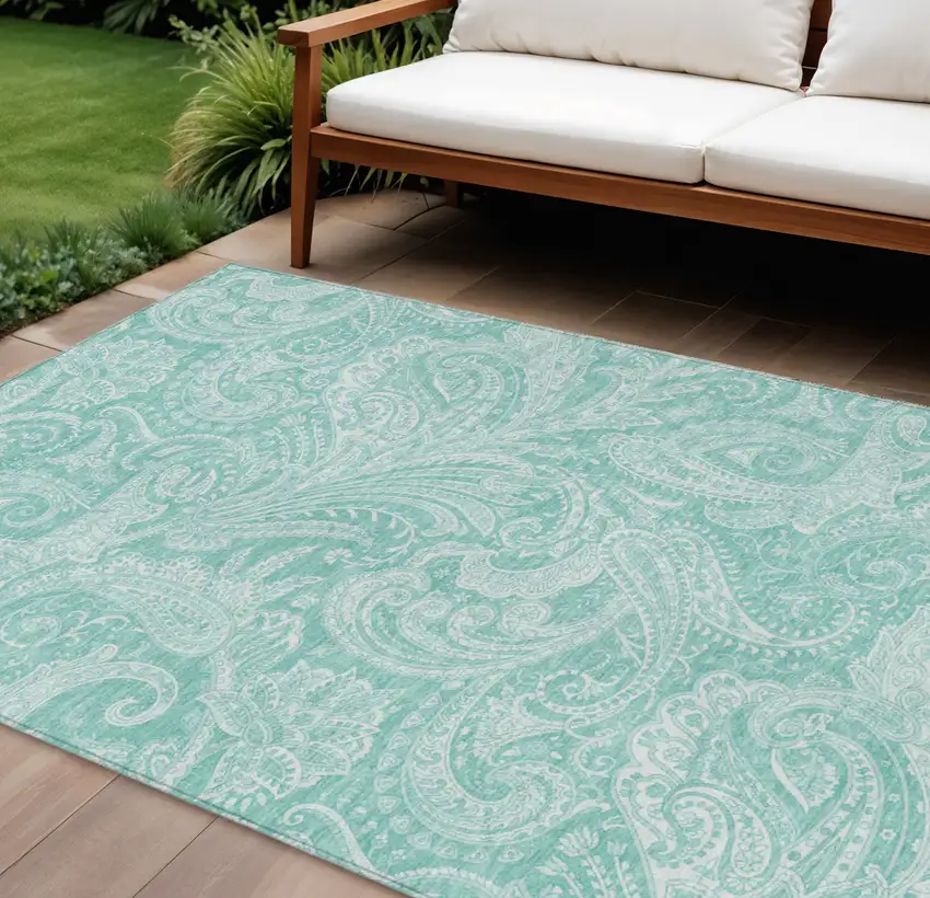 Teal Blue And Ivory Paisley Washable Indoor Outdoor Area Rug Photo 1