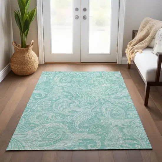 Teal Blue And Ivory Paisley Washable Indoor Outdoor Area Rug Photo 9