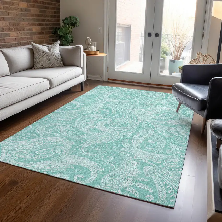 Teal Blue And Ivory Paisley Washable Indoor Outdoor Area Rug Photo 8