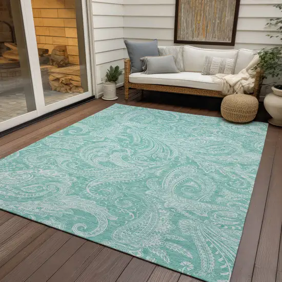 Teal Blue And Ivory Paisley Washable Indoor Outdoor Area Rug Photo 9