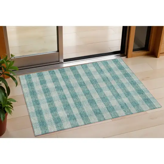 Teal Blue And Ivory Plaid Washable Indoor Outdoor Area Rug Photo 1
