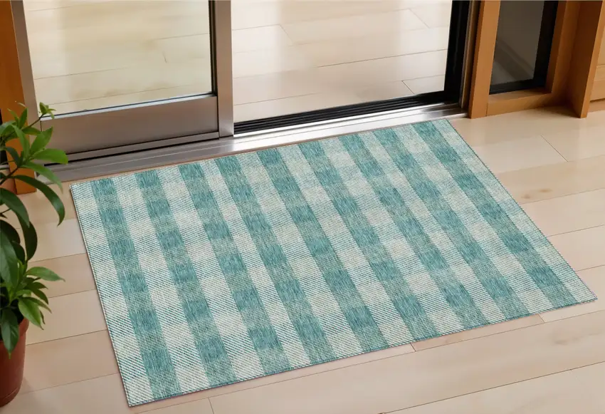 Teal Blue And Ivory Plaid Washable Indoor Outdoor Area Rug Photo 1