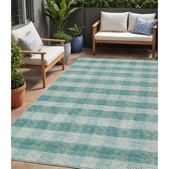 Teal Blue And Ivory Plaid Washable Indoor Outdoor Area Rug Photo 1