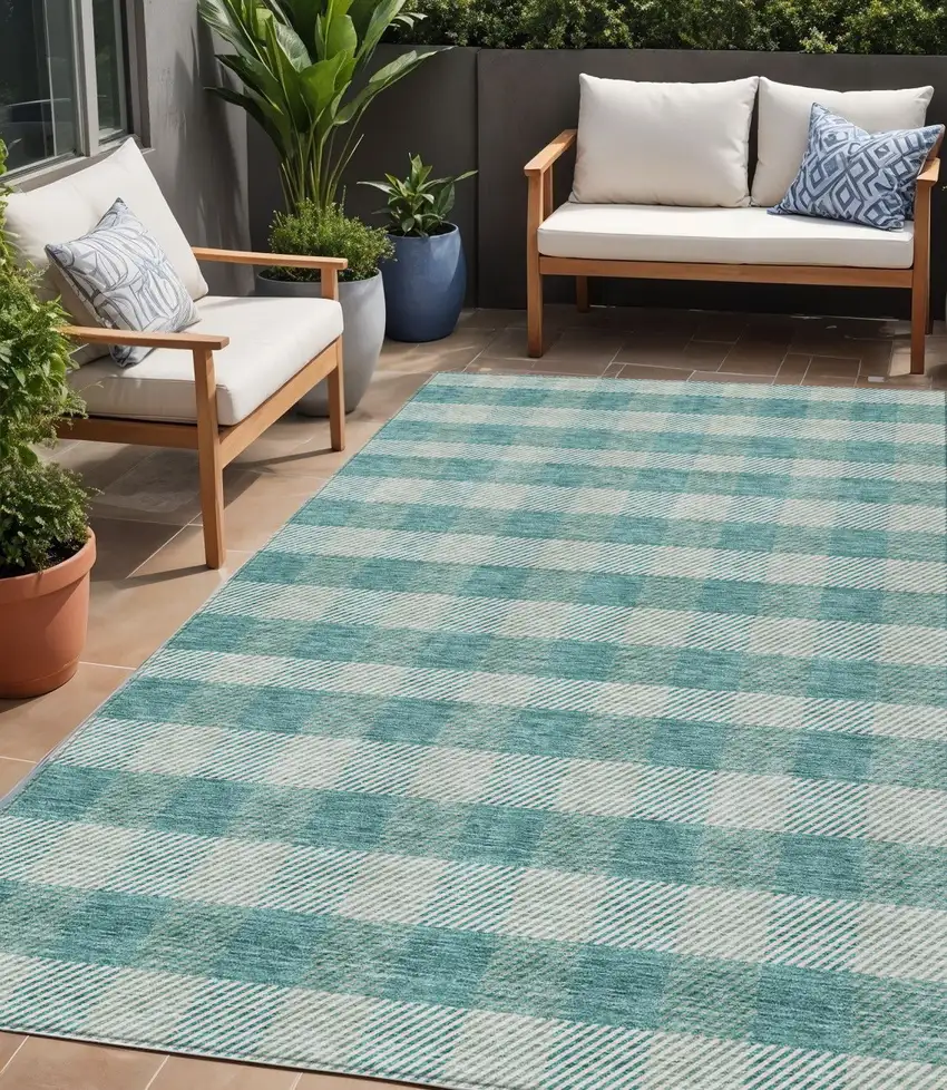 Teal Blue And Ivory Plaid Washable Indoor Outdoor Area Rug Photo 1