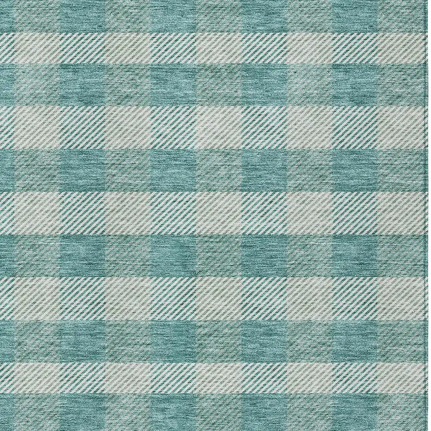 Teal Blue And Ivory Plaid Washable Indoor Outdoor Area Rug Photo 6