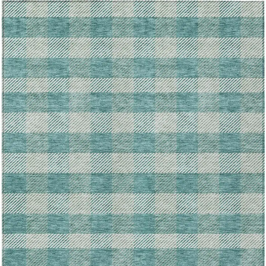 Teal Blue And Ivory Plaid Washable Indoor Outdoor Area Rug Photo 7