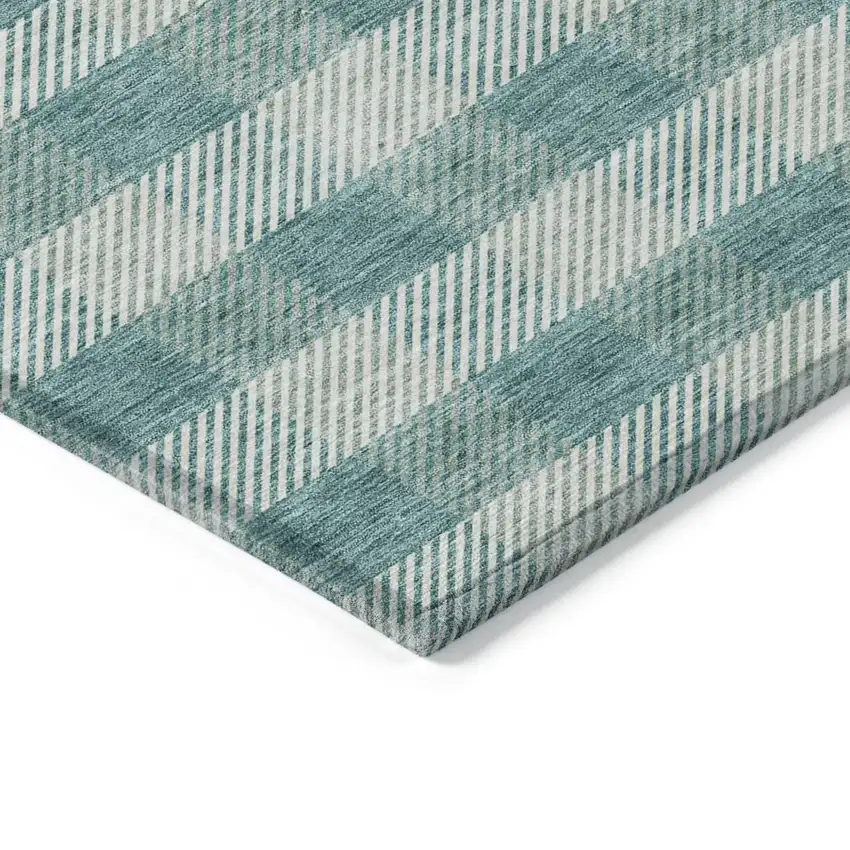 Teal Blue And Ivory Plaid Washable Indoor Outdoor Area Rug Photo 5