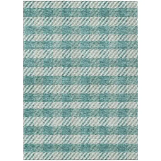 Teal Blue And Ivory Plaid Washable Indoor Outdoor Area Rug Photo 2