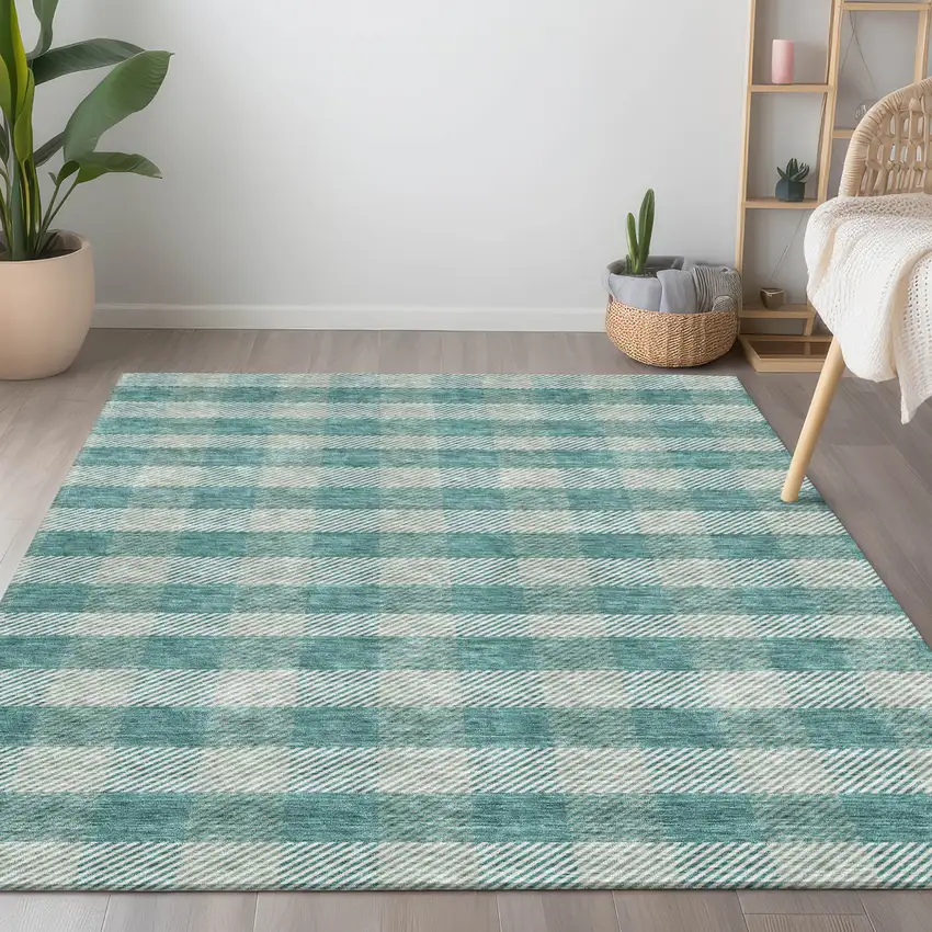 Teal Blue And Ivory Plaid Washable Indoor Outdoor Area Rug Photo 9