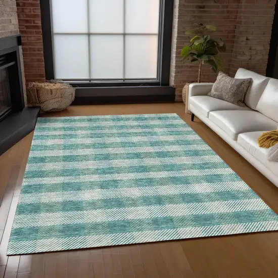 Teal Blue And Ivory Plaid Washable Indoor Outdoor Area Rug Photo 9