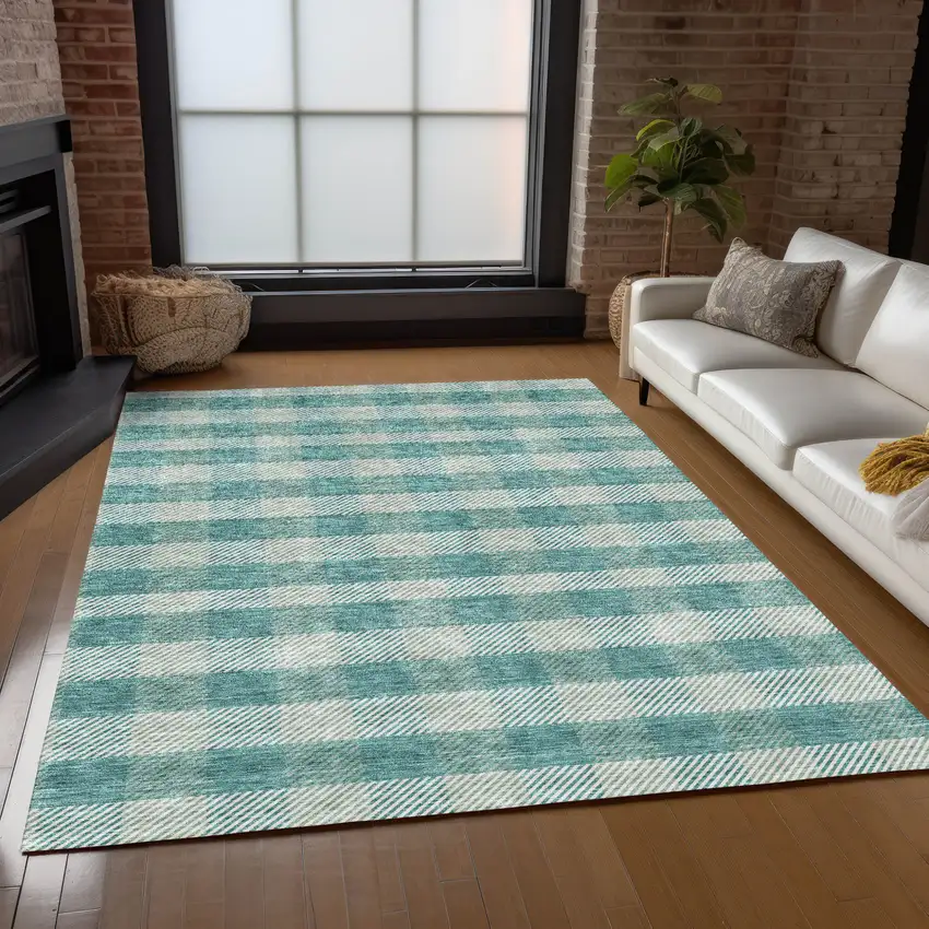 Teal Blue And Ivory Plaid Washable Indoor Outdoor Area Rug Photo 9