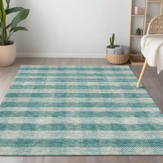 Teal Blue And Ivory Plaid Washable Indoor Outdoor Area Rug Photo 9