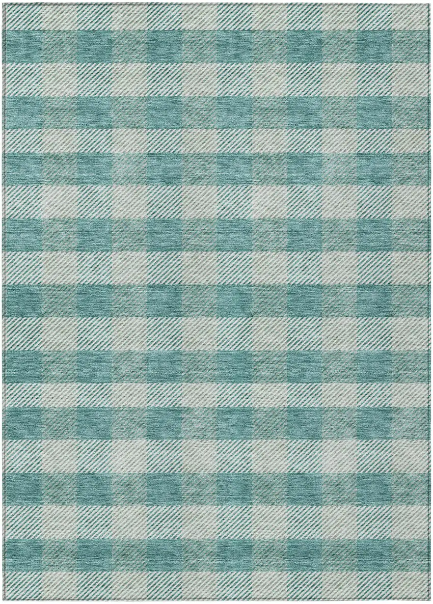 Teal Blue And Ivory Plaid Washable Indoor Outdoor Area Rug Photo 2