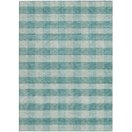 Teal Blue And Ivory Plaid Washable Indoor Outdoor Area Rug Photo 7