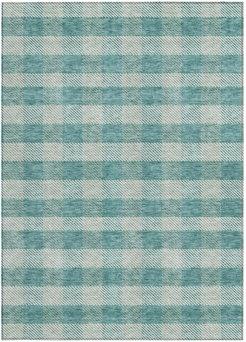 Teal Blue And Ivory Plaid Washable Indoor Outdoor Area Rug Photo 7
