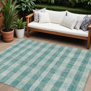 Photo of Teal Blue And Ivory Plaid Washable Indoor Outdoor Area Rug