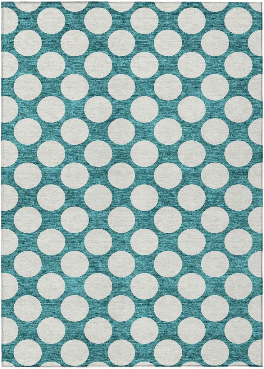 Teal Blue And Ivory Polka Dot Washable Indoor Outdoor Area Rug Photo 2