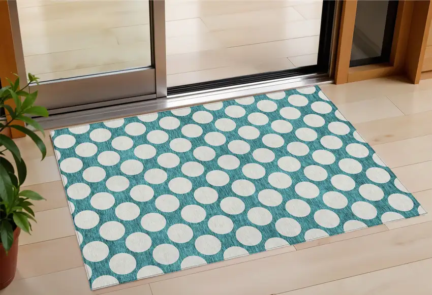 Teal Blue And Ivory Polka Dot Washable Indoor Outdoor Area Rug Photo 1