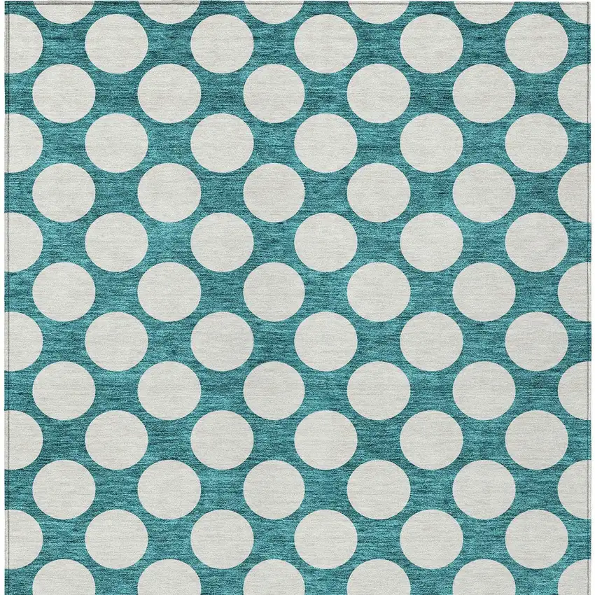 Teal Blue And Ivory Polka Dot Washable Indoor Outdoor Area Rug Photo 7