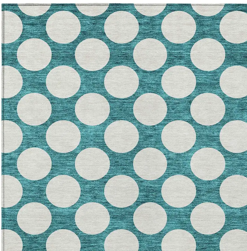 Teal Blue And Ivory Polka Dot Washable Indoor Outdoor Area Rug Photo 6